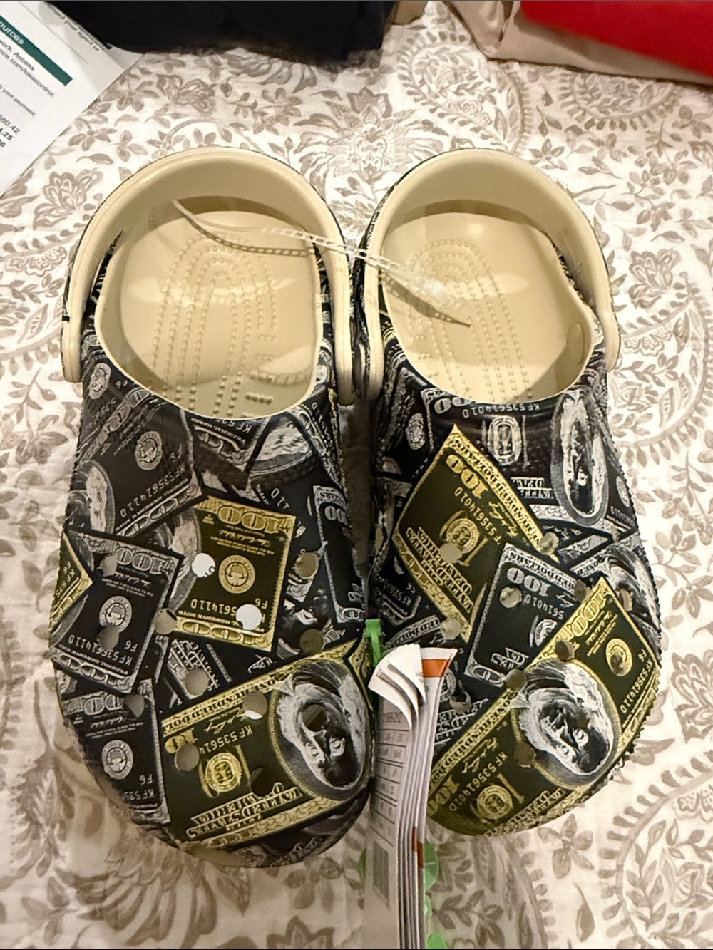 Money-Print Clog Shoes in Black and cream